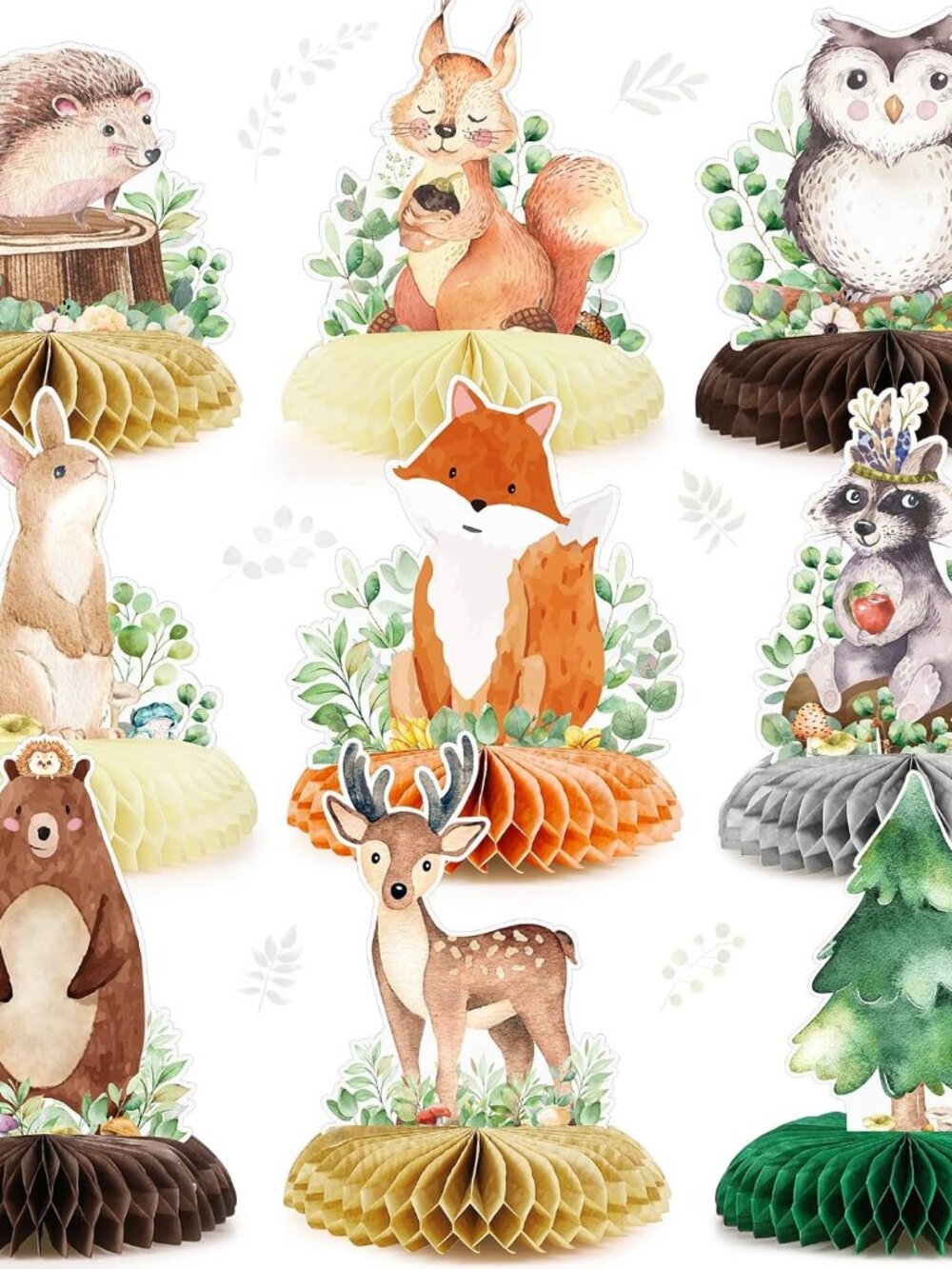 9 Pack Woodland Animals Honeycomb Centerpieces 3D Table Topper Forest Baby Showe